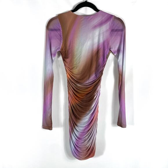 AFRM Maya Mesh Mini Dress Purple Motif Ruched Backless Long Sleeve Bodycon Sz XS - Picture 6 of 16